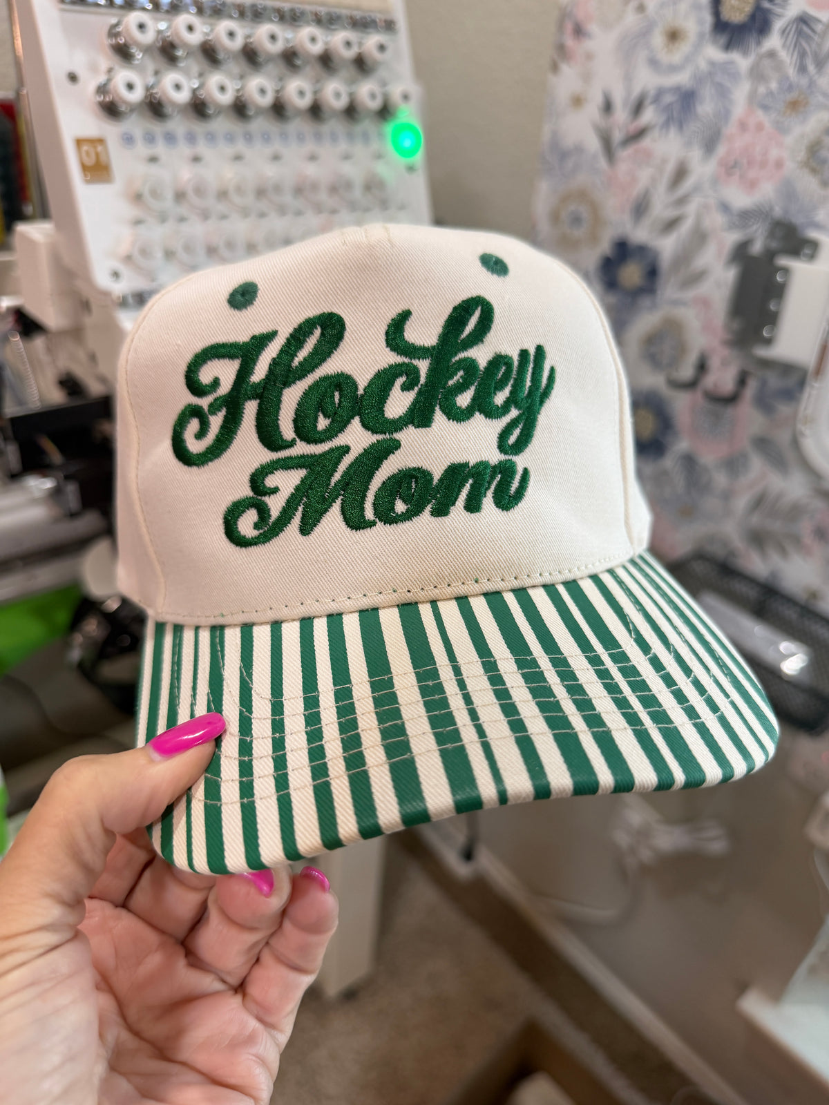 Hockey Mom Embroidered Striped Hat
